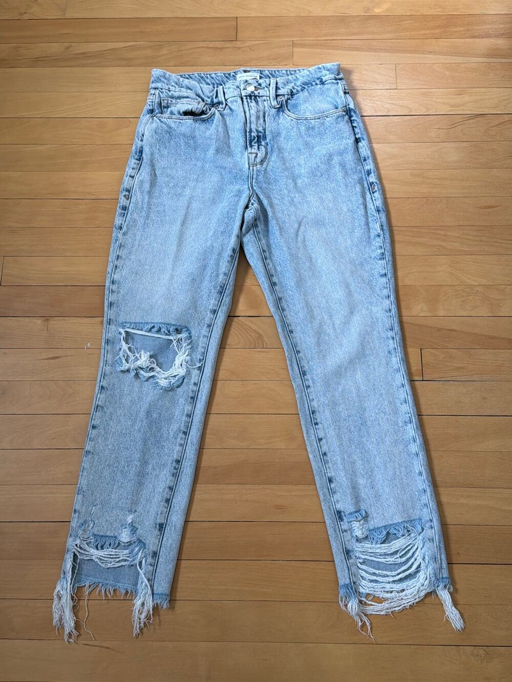 Good American Size 4/27 Light Wash Mid Rise Ripped Jeans